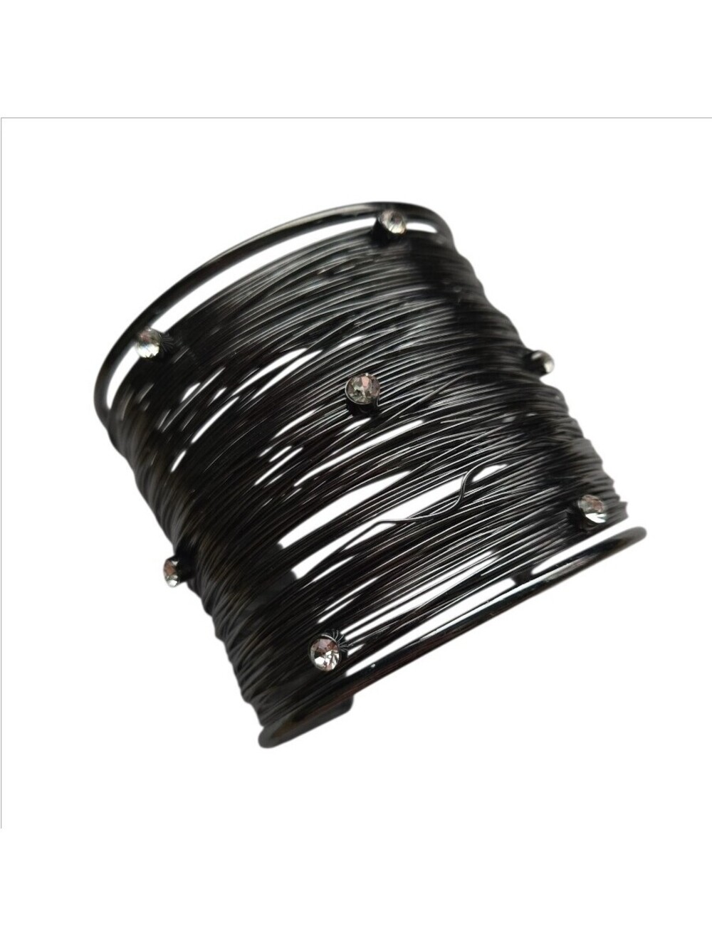 Black Wire Wrap Rhinestone Cuff Bracelet Adjustable Open Fashion Statement EUC